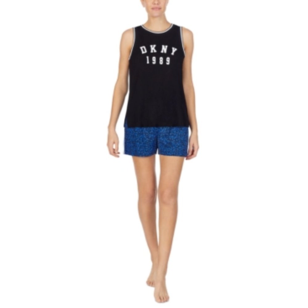 MSRP $59 Dkny Women's Tank Top & Boxer Shorts Pajama Set Black Blue Floral Sz L